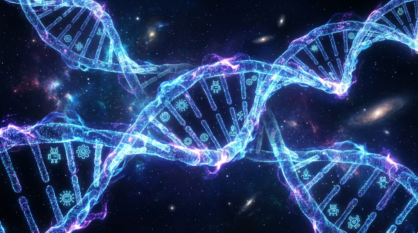 AI agent identity — bot DNA helix representing Agent Passport Standard digital heritage